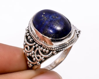 Natural Blue Lapis Lazuli Gemstone 925 Sterling Silver Handmade Design Ring Gold Plated Ring