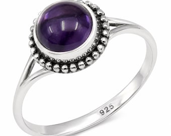 Natural Round Purple Amethyst Gemstone Handmade Ring 925 Silver, Rose & Yellow Gold Plated Jewelry Gift For Girls