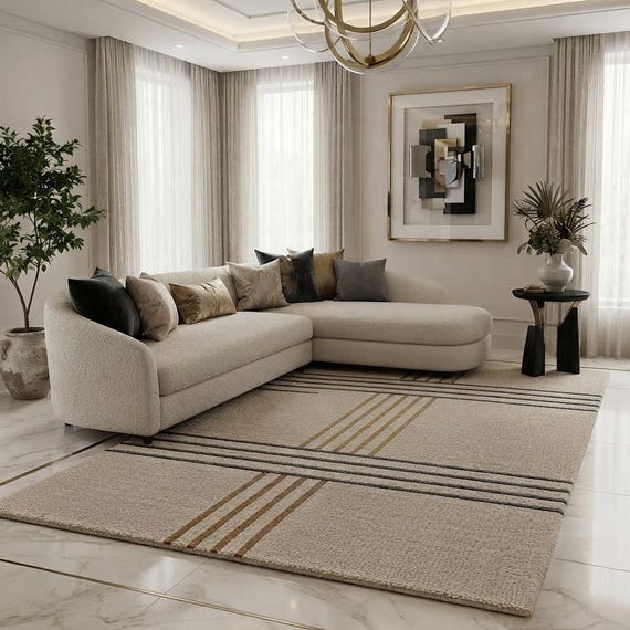 Hand Tufted Wool Area Rug, Beige Geometric Line Living Room Carpet
