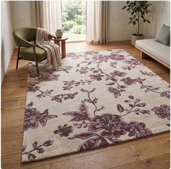 Hand Tufted Wool Area Rug, Purple Botanical Floral Living Room Carpet