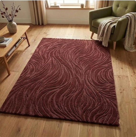 Hand Tufted Burgundy Abstract Wool Rug, Modern Carved Plush Carpet