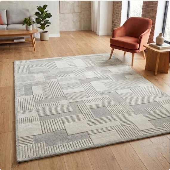 Hand Tufted Wool Area Rug, Geometric Beige Ivory Carved Carpet, Minimalist Contemporary Home