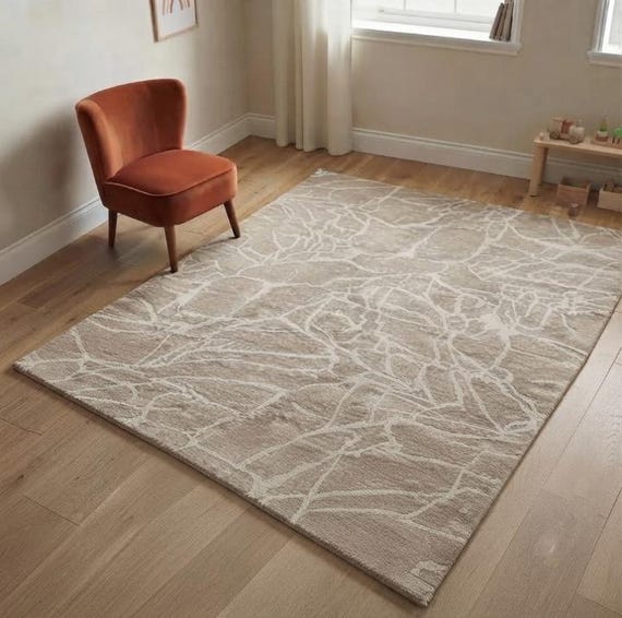 Hand Tufted Abstract Beige Wool Area Rug, Modern Neutral Living Room Carpet, Luxury High-Low Textured Handmade Rug