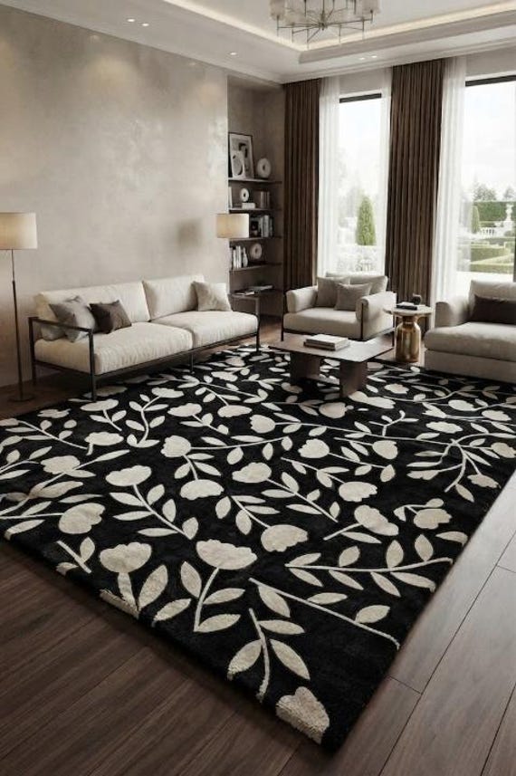 Hand Tufted Black Ivory Floral Wool Rug, Botanical High-Low Pile Carpet