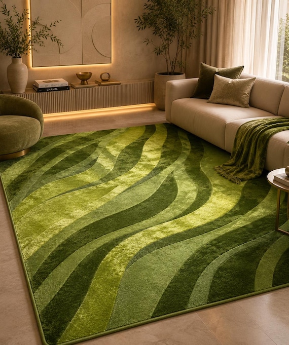 Green Wave Tufted Rug | Abstract Wavy Wool Carpet | Modern Floor Mat