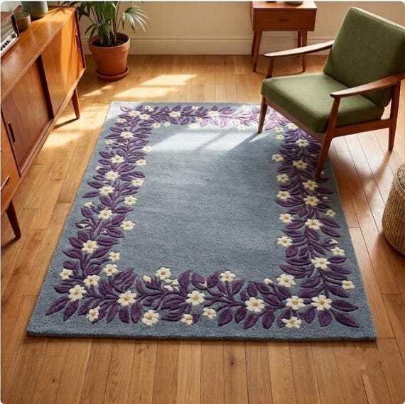 Hand Tufted Wool Area Rug, Lavender Blue Botanical Carpet, Cottagecore Living Room Rug