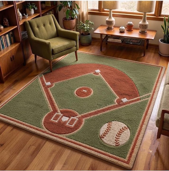 Hand Tufted Baseball Field Wool Rug, Sports Nursery Area Carpet, Kids Playroom Decor