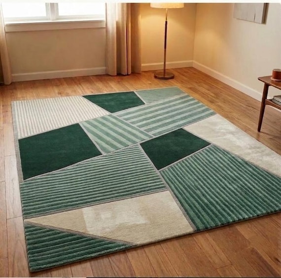 Green Geometric Hand Tufted Wool Area Rug, Abstract Striped Carpet