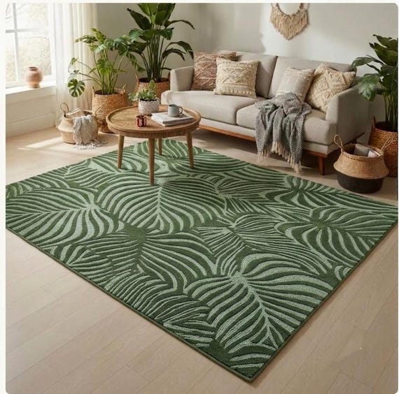 Hand Tufted Wool Area Rug, Green Botanical Palm Leaf Carpet, Modern Living Room