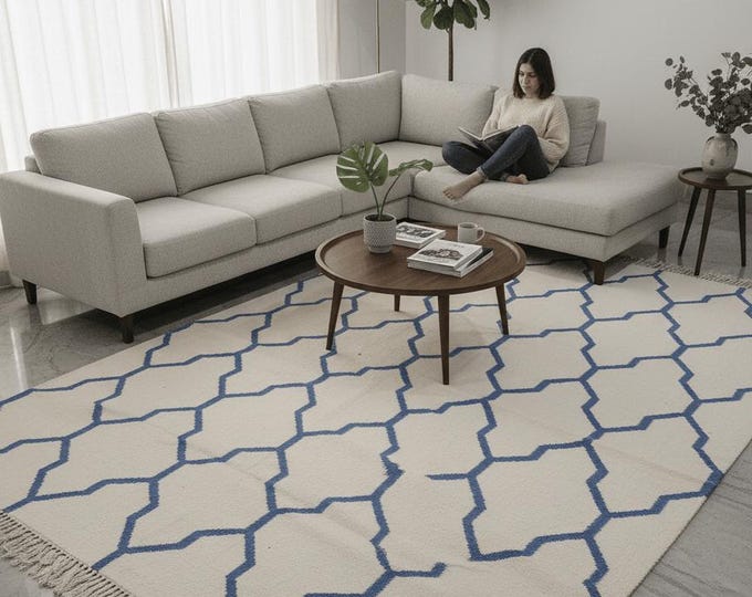 Featured listing image: Handwoven Cotton Dhurrie Rug: Blue Ivory Geometric Kilim
