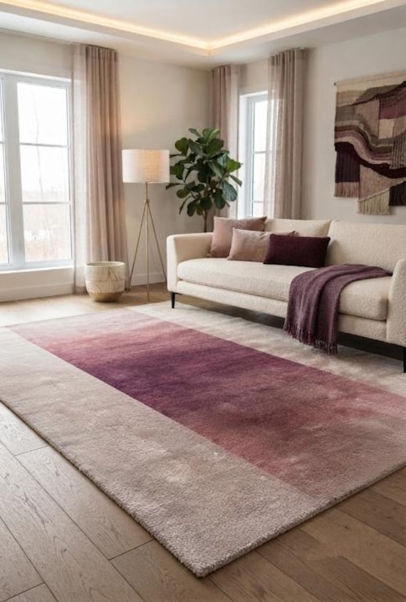 Hand Tufted Ombre Wool Rug, Blush Pink Plum Gradient Carpet, Modern Minimalist Luxury Decor