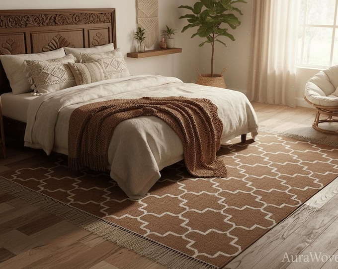 Featured listing image: Rustic Geometric Rug Earthy Brown White Natural Fiber Carpet Farmhouse Kilim Style Home Decor