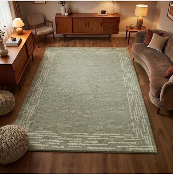 Hand Tufted Sage Green Wool Area Rug | Modern Minimalist Border Carpet