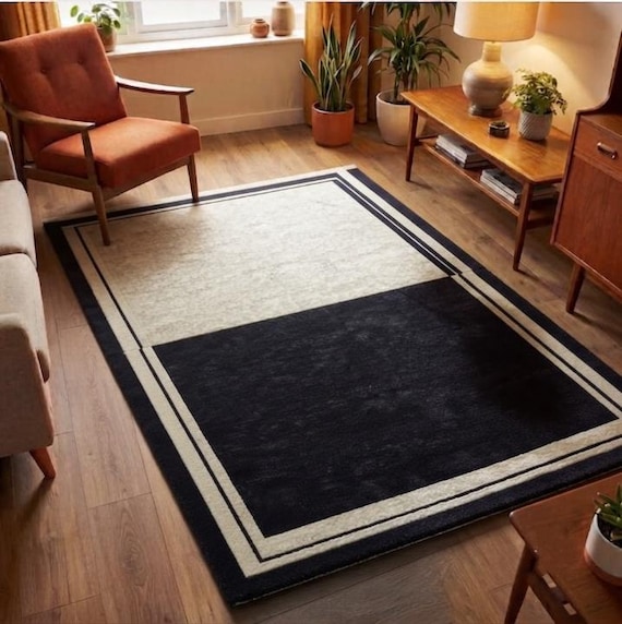 Hand Tufted Wool Area Rug, Black Ivory Geometric Border Carpet, Scandinavian Living Room Decor