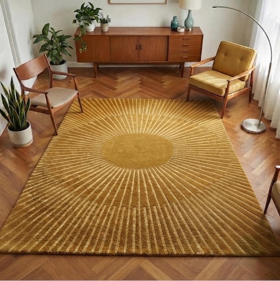 Hand Tufted Golden Sunburst Wool Area Rug, Mid Century Geometric Carpet