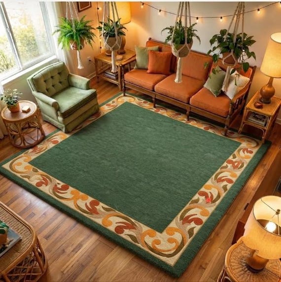 Hand Tufted Wool Area Rug | Botanical Floral Border, Forest Green Carpet