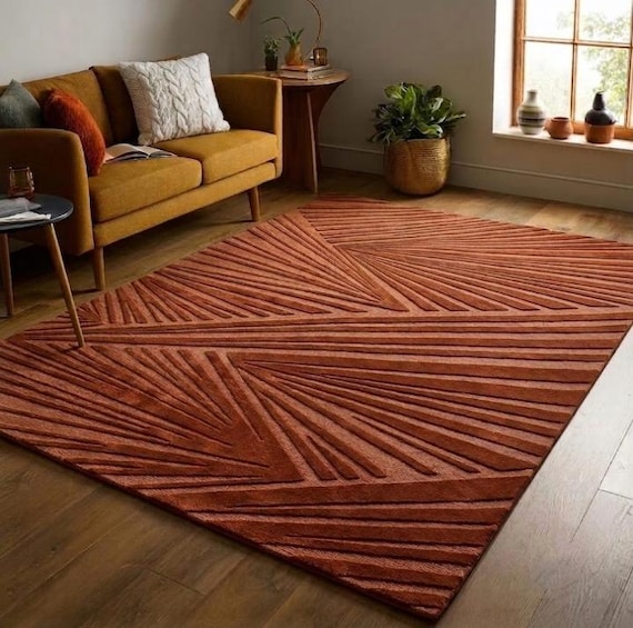Hand Tufted Wool Area Rug, Terracotta Abstract Geometric Carpet, Modern Minimalist Floor Rug