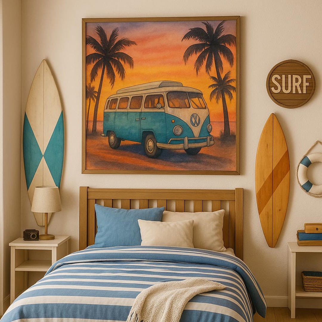 Retro VW Van Beach Wall Art Print Digital Download - Etsy
