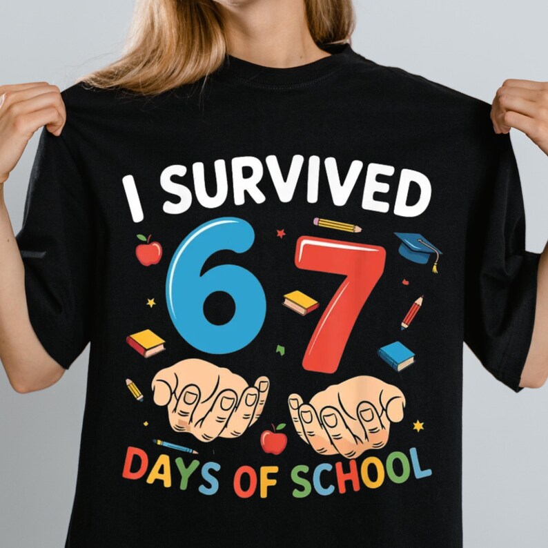 Funny teacher meme PNG showing I survived 67 days of school design, transparent background digital file for printing and apparel