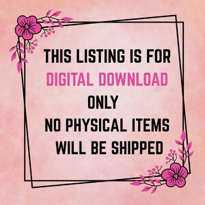 K&ouml;nnte beinhalten: Ank&uuml;ndigung f&uuml;r digitalen Download in Rosa und Wei&szlig;, umrahmt von einem schwarzen Rahmen und floralen Dekorationen. Der Text lautet: "DIESES ANGEBOT GILT NUR F&Uuml;R DEN DIGITALEN DOWNLOAD. ES WERDEN KEINE PHYSISCHEN ARTIKEL VERSENDET."