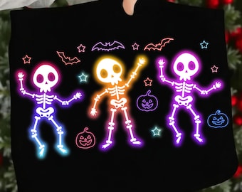 Esqueletos de neón bailando PNG, clipart retro de Halloween (descarga digital)