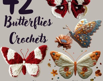 42 häkeln Schmetterling PNG Clipart Bundle, Schmetterling häkeln Clipart Pack, niedliches Garn Schmetterling PNG-Dateien, digitaler Download kommerzielle Nutzung