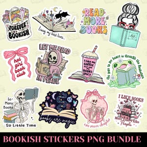 May include: A collection of colorful stickers with a bookish theme. Designs include a tote bag overflowing with books, open books with floral and celestial accents, and phrases like "Read More Books" and "Forever Bookish."