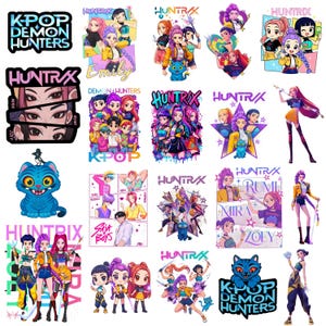 K-pop Demon Hunters PNG SVG, Koszulka K-popowej grupy idolek, Projekt Huntrix PNG, Zespoły Saja Boys Girls PNG, Fani Huntrix, Pobieranie cyfrowe