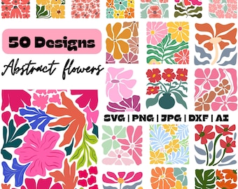 50 Abstract Boho Retro Flower SVG Bundle: Groovy Floral Clipart (Digital Download)