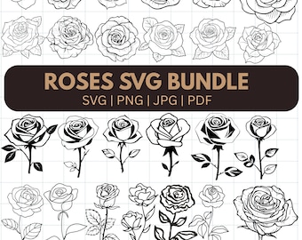 25 Rose Outline SVG Bundle, Flower Line Art PNG Pack, Floral Cricut Designs, Minimalist Rose Clipart Digital Download