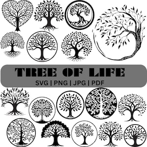 Könnte beinhalten: Eine Sammlung von schwarz-weißen Lebensbaum-Designs in verschiedenen Stilen. Das Bild zeigt Bäume in Kreisen, Herzen und anderen Formen, mit dem Text "TREE OF LIFE" und Dateityp-Optionen.