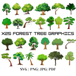 May include: A collection of 25 forest tree graphics in various styles. The trees are depicted with green foliage and brown trunks, with some featuring unique shapes and sizes. Text at the bottom indicates file formats: SVG, PNG, JPG, and PDF.