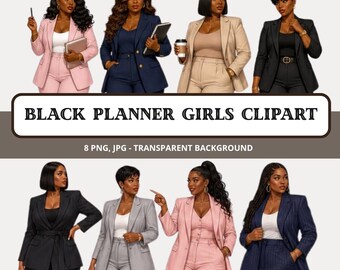 Clipart van een zwarte zakenvrouw | Planner meisje PNG | Zakenvrouw clipart | Afro-Amerikaanse vrouw | Digitale download