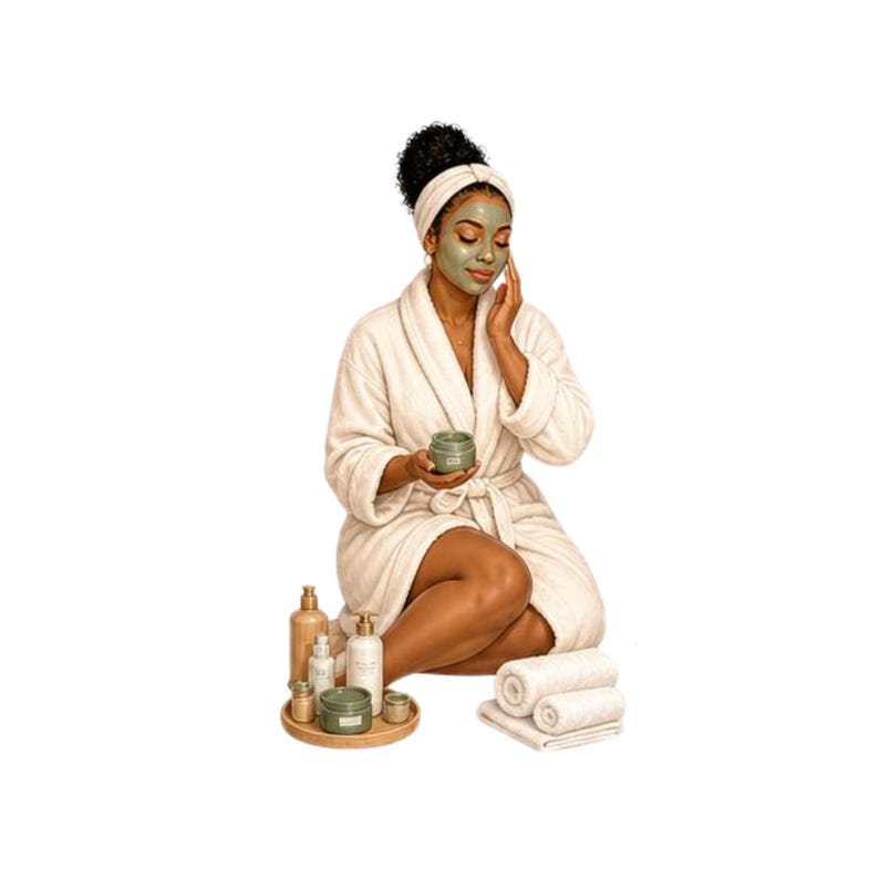 May include: A plush cream-colored bathrobe and a matching headband worn by an individual with a green facial mask. The set includes a wooden tray with various skincare bottles and jars, plus two neatly folded white towels on the side.