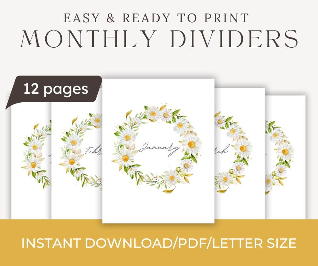 Daisy Monthly Planner Dividers: Floral Journal Inserts (PDF Download ...