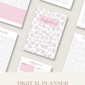 以下が含まれることがあります： 花柄のデザインのデジタルプランナーのコレクション。中央のプランナーは「Daily planner」の文字が入った花柄です。他のプランナーには、年間、月間、週間のレイアウトが含まれています。「DIGITAL PLANNER」と「INSTANT DOWNLOAD/PDF/LETTER SIZE」の文字も表示されています。