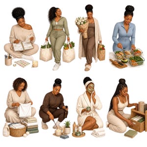 May include: A collection of eight scenes featuring a person in various loungewear sets, including beige, olive green, brown, and blue outfits. The images show activities like writing in a planner, carrying grocery bags, meal prepping, folding laundry, cleaning, applying a face mask, and organizing books in a wicker basket.