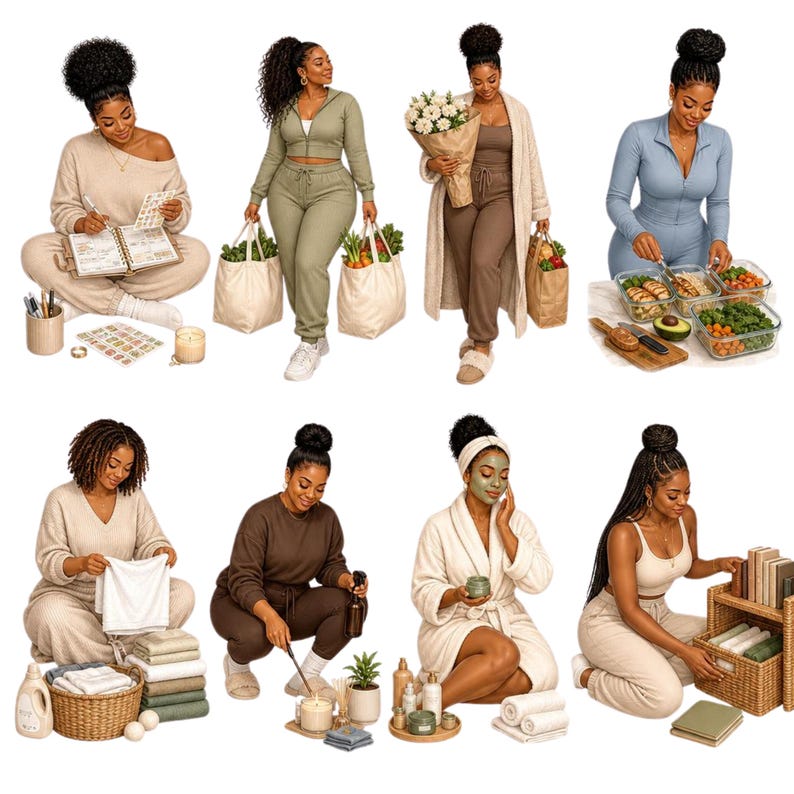 May include: A collection of eight scenes featuring a person in various loungewear sets, including beige, olive green, brown, and blue outfits. The images show activities like writing in a planner, carrying grocery bags, meal prepping, folding laundry, cleaning, applying a face mask, and organizing books in a wicker basket.