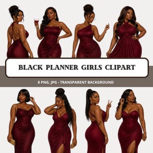 Schwarze und burgunderrote Abendgarderobe – Cliparts-Bundle, Afroamerikanische Frauen (PNG), Formelle Glamour-Mode, Planer-Cliparts (JPG, PDF)