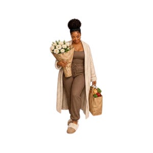 May include: A brown ribbed tank top and matching drawstring sweatpants paired with a long cream-colored textured cardigan. The outfit includes beige fuzzy slippers, a large bouquet of white flowers in brown paper, and a brown paper grocery bag.