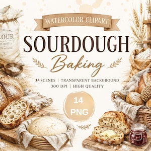 Può includere: Clipart ad acquerello con elementi di panificazione al lievito madre. L'immagine mostra vari tipi di pane, sacchi di farina e barattoli. Il testo include "SOURDOUGH Baking" e "14 PNG". La tavolozza è calda e naturale.