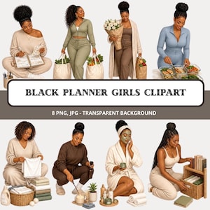 May include: A collection of digital illustrations featuring Black women in various daily activities, including writing in a planner, carrying groceries, holding flowers, meal prepping, folding laundry, cleaning, performing a skincare routine, and organising.