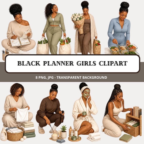 Black Planner Girls Home Reset Clipart Bundle, Cozy Lifestyle PNG, Self Care & Homemaker Clipart, JPG PDF Download