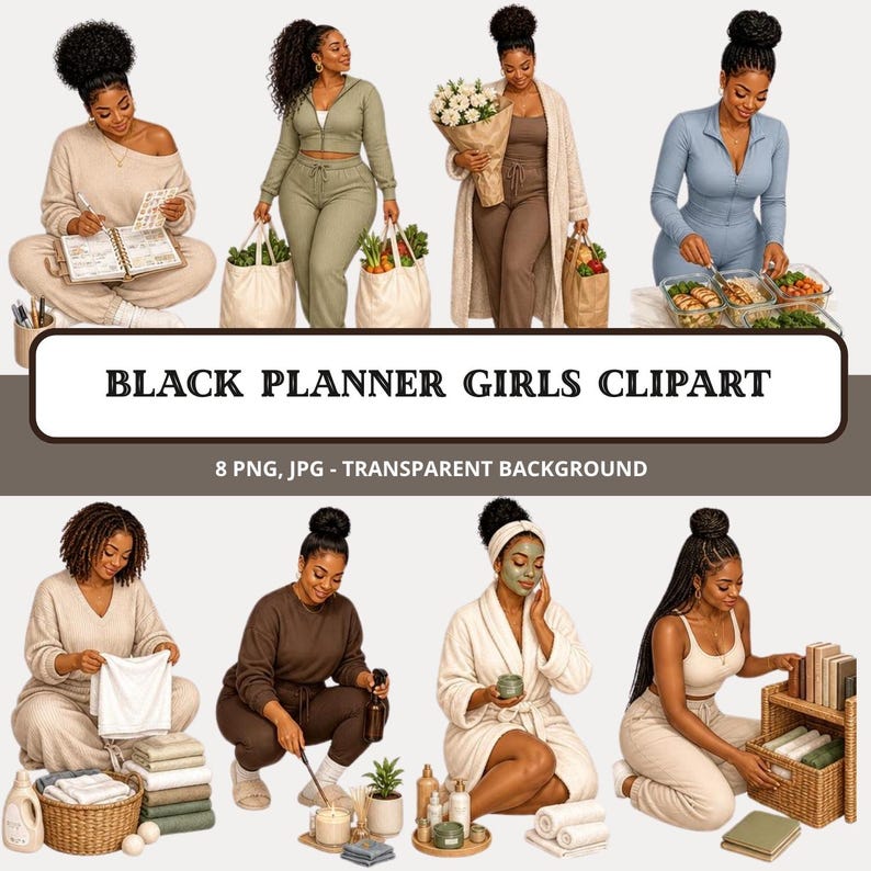 May include: A collection of digital illustrations featuring Black women in various daily activities, including writing in a planner, carrying groceries, holding flowers, meal prepping, folding laundry, cleaning, performing a skincare routine, and organizing.