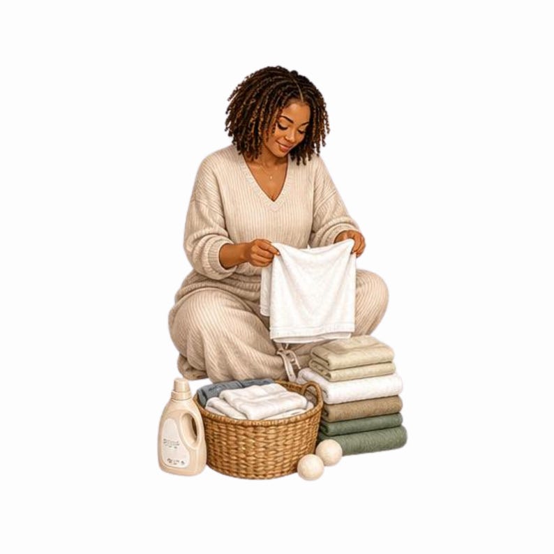 May include: A beige ribbed sweater and matching pants set, a woven wicker laundry basket filled with folded white and gray towels, a stack of folded towels in neutral tones, two wool dryer balls, and a plastic bottle of liquid laundry detergent.