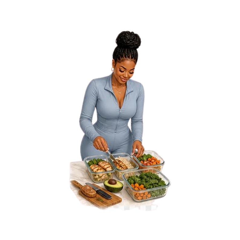 May include: A light blue long-sleeved zip-up jumpsuit paired with four clear glass rectangular food storage containers filled with various prepared meals, including grilled chicken, sliced avocado, and assorted vegetables on a wooden board.
