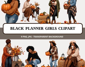 May include: A digital collection of Black planner girls clipart featuring various illustrations of individuals in autumn-themed clothing, holding pumpkins, apples, and coffee cups, with fall foliage, hay bales, and lanterns, labeled BLACK PLANNER GIRLS CLIPART.