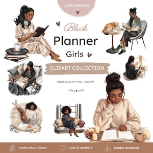 Puede incluir: Una colección de imágenes prediseñadas digitales titulada "Black Planner Girls" con ilustraciones en acuarela de mujeres negras en varios entornos acogedores. Las imágenes incluyen mujeres leyendo, escribiendo y relajándose con café y velas. 12 elementos.