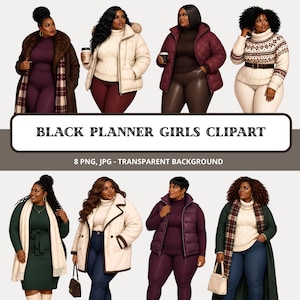 Puede incluir: Conjunto de ilustraciones digitales de ocho mujeres negras con ropa de invierno, incluyendo abrigos, suéteres, bufandas y leggings. El texto dice BLACK PLANNER GIRLS CLIPART, 8 PNG, JPG - TRANSPARENT BACKGROUND. Las figuras muestran varios peinados.