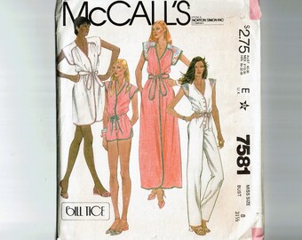 Bill Tice Uncut Sewing Pattern Size 8 1980s Sewing Pattern McCalls 7129 Cover-up, Jumpsuit and Appliques for stretch knits